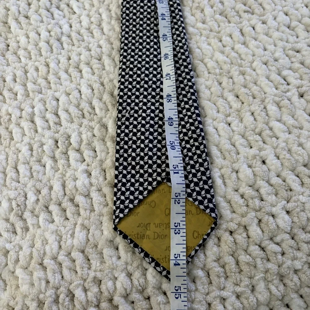 Vintage Christian Dior Silk Neck Tie Navy Blue Geometric Pattern Quiet Luxury